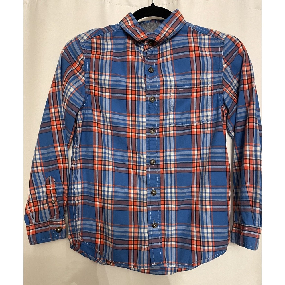 Cat & Jack Boy's Blue Orange Plaid Striped Long Sleeve Shirt  Size M 8 10 Cotton